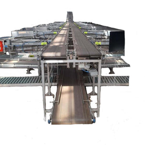 Various long conveyors for boxes or trays, fully operational and complete.